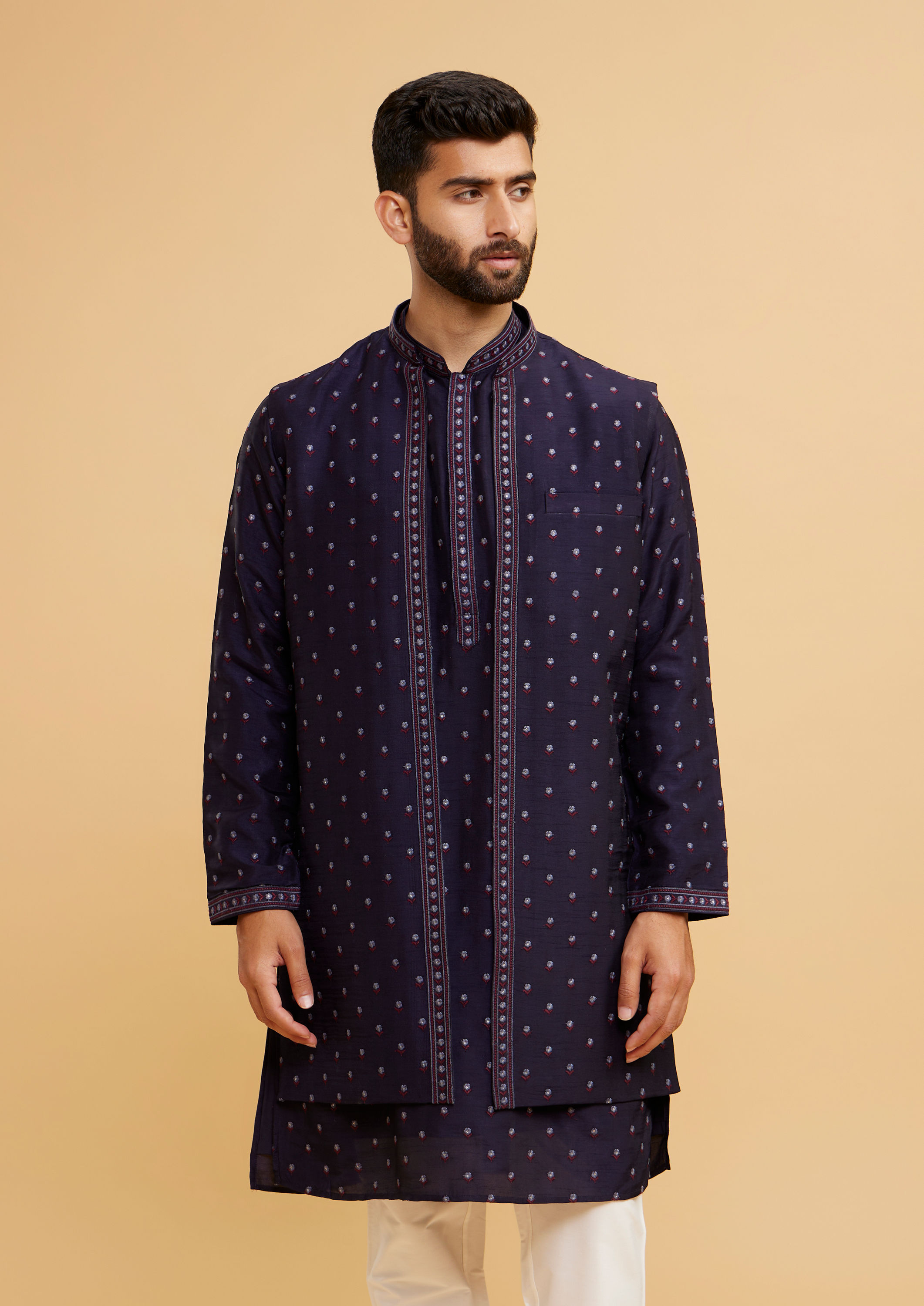Twamev Men Radiant Dark Blue Kurta Jacket Set