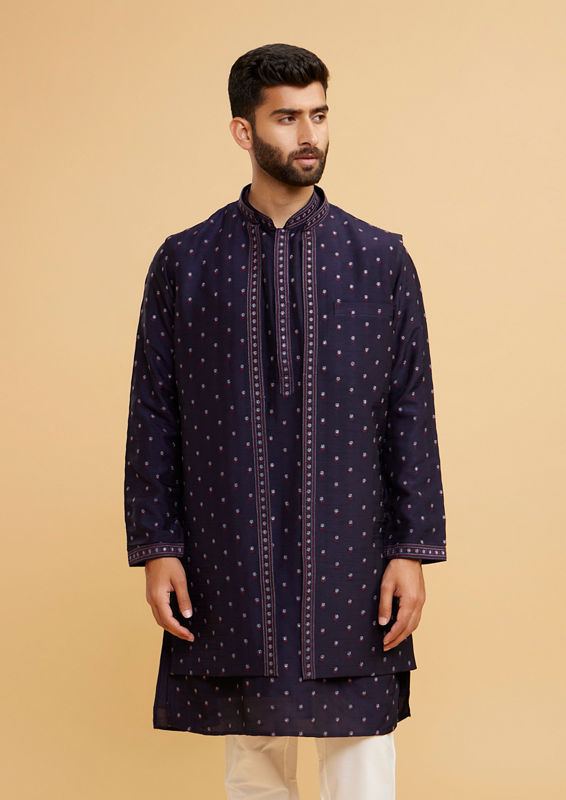 Twamev Men Radiant Dark Blue Kurta Jacket Set