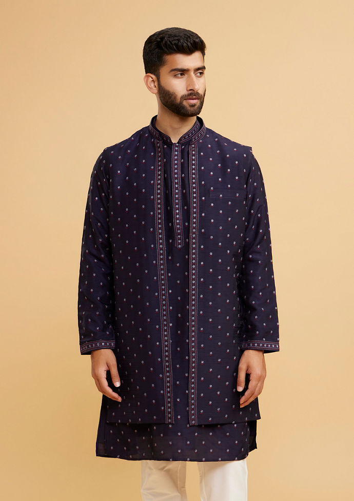 Twamev Men Radiant Dark Blue Kurta Jacket Set