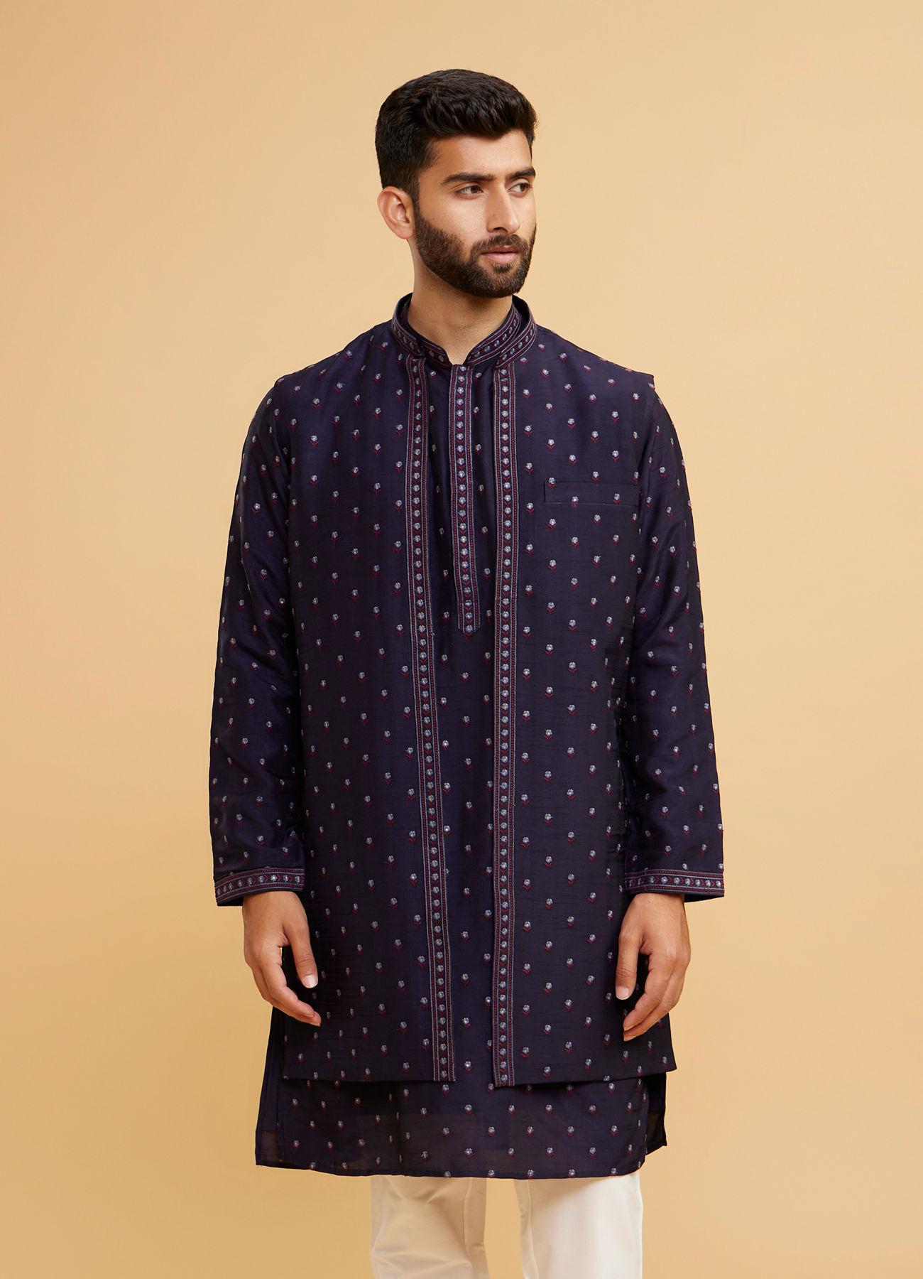 Twamev Men Radiant Dark Blue Kurta Jacket Set