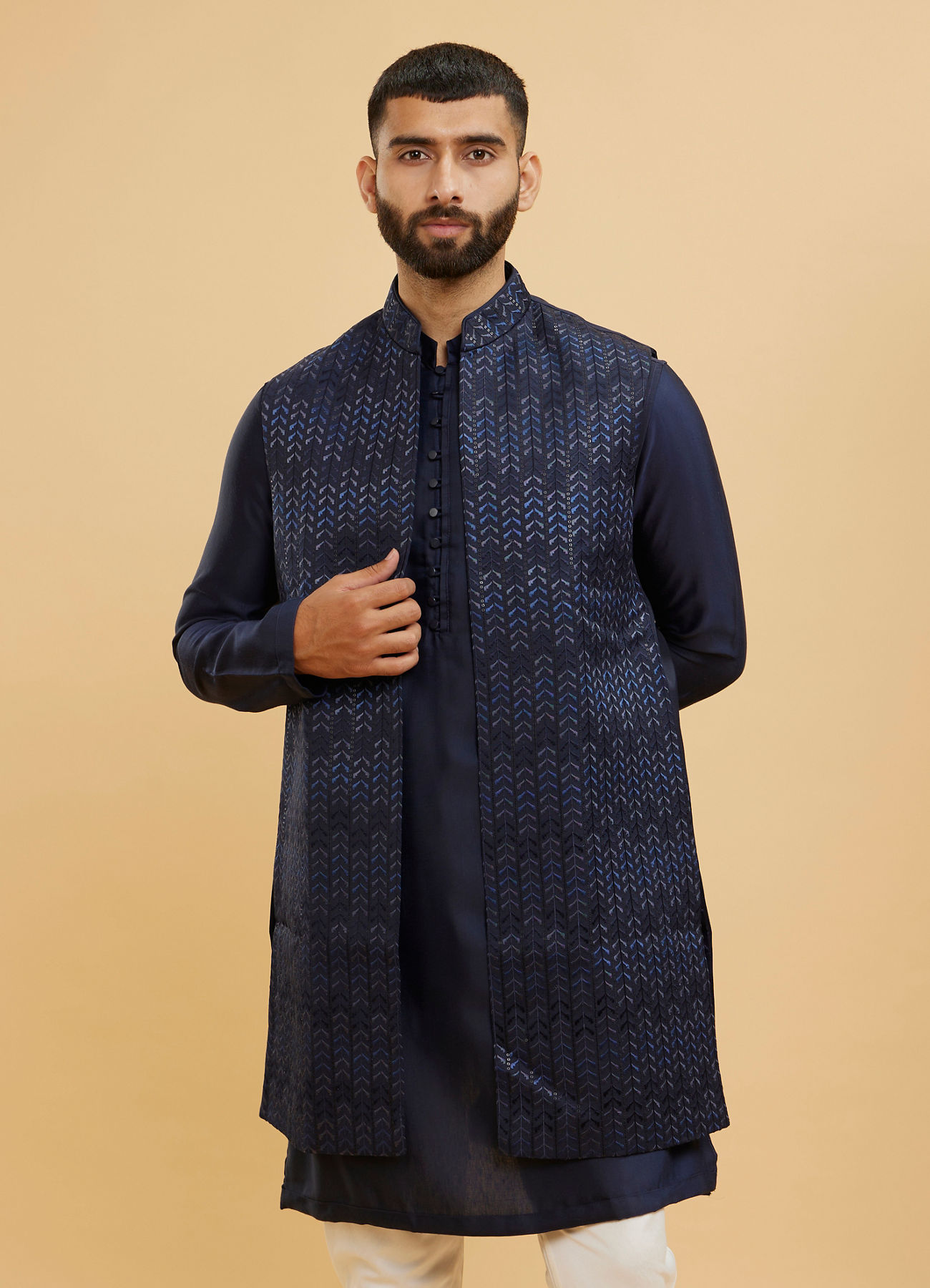 Buy Navy Blue Linear Chevron Patterned Jacket Set Online in the USA ...