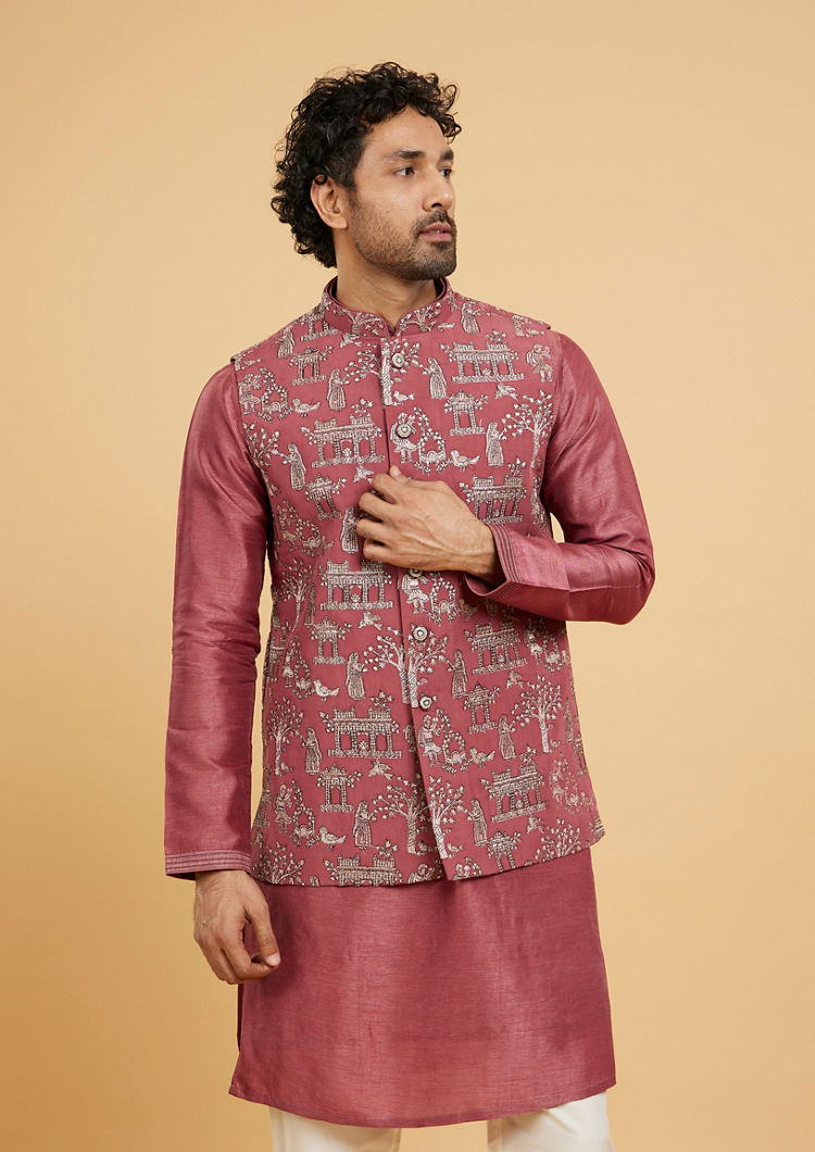 Twamev Men Dusty Pink Ensemble Kurta Jacket Set