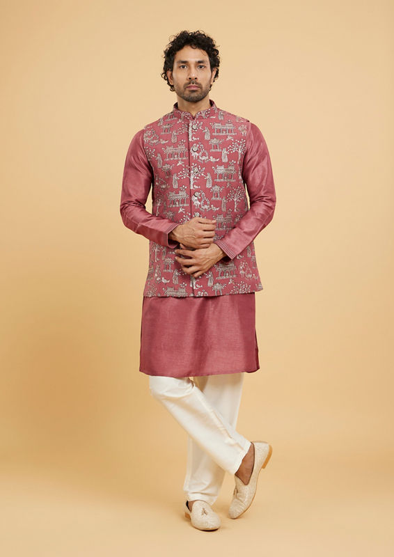 Twamev Men Dusty Pink Ensemble Kurta Jacket Set