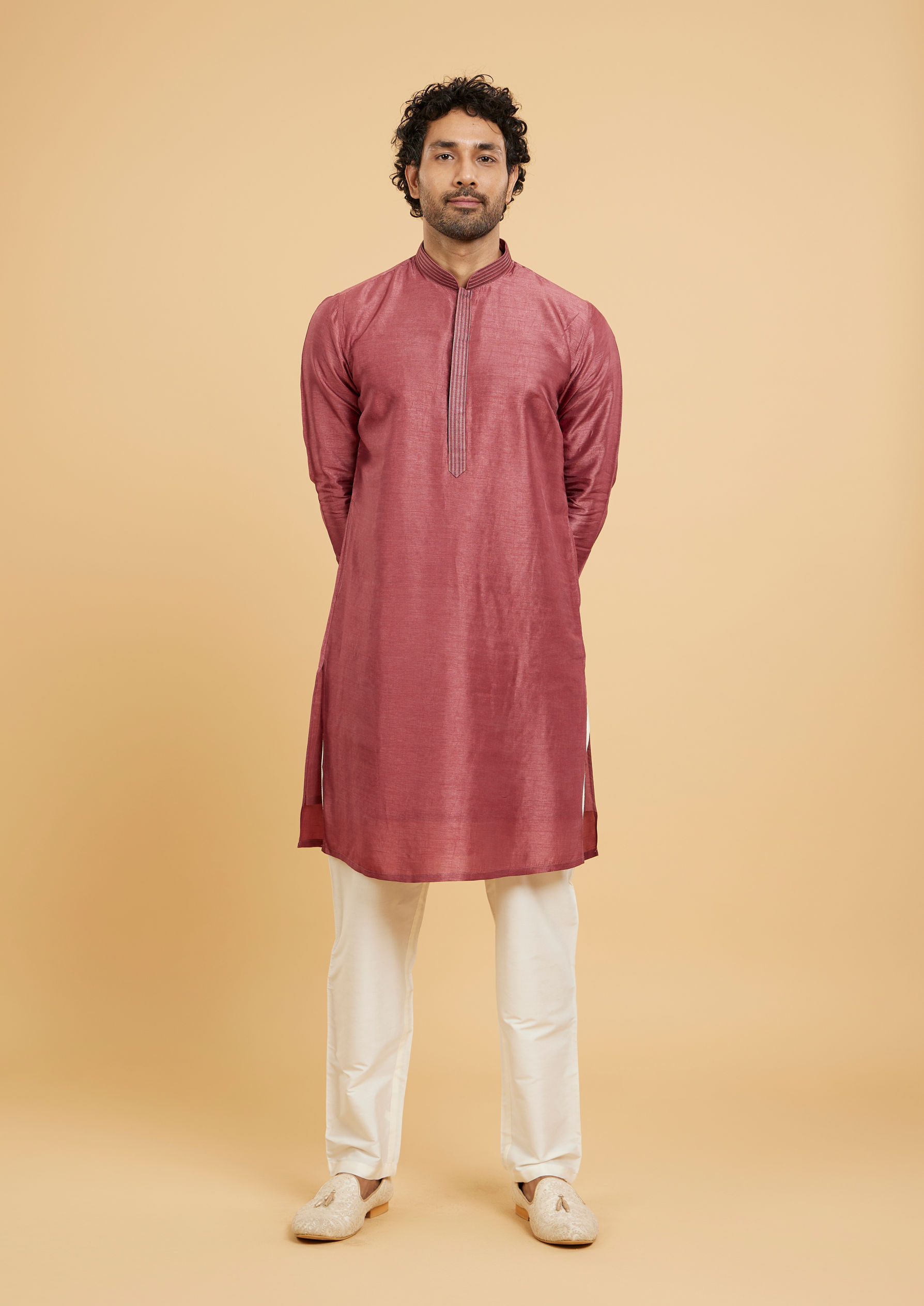 Twamev Men Dusty Pink Ensemble Kurta Jacket Set