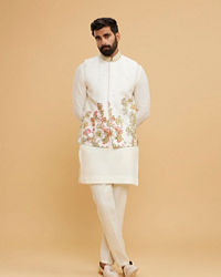 Twamev Men Cream Chanderi Floral Print Embroidered Jacket Set