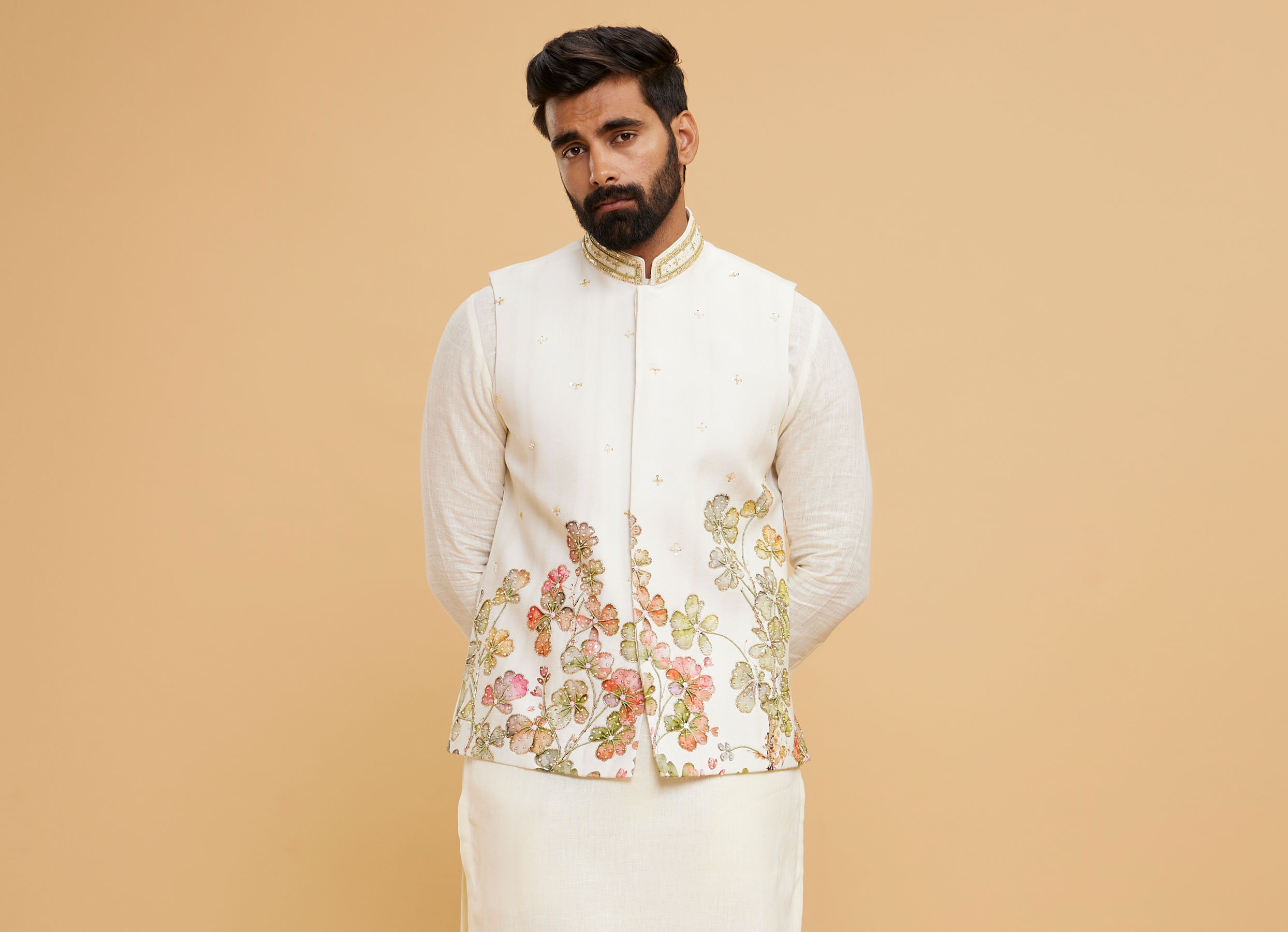 Twamev Men Cream Chanderi Floral Print Embroidered Jacket Set