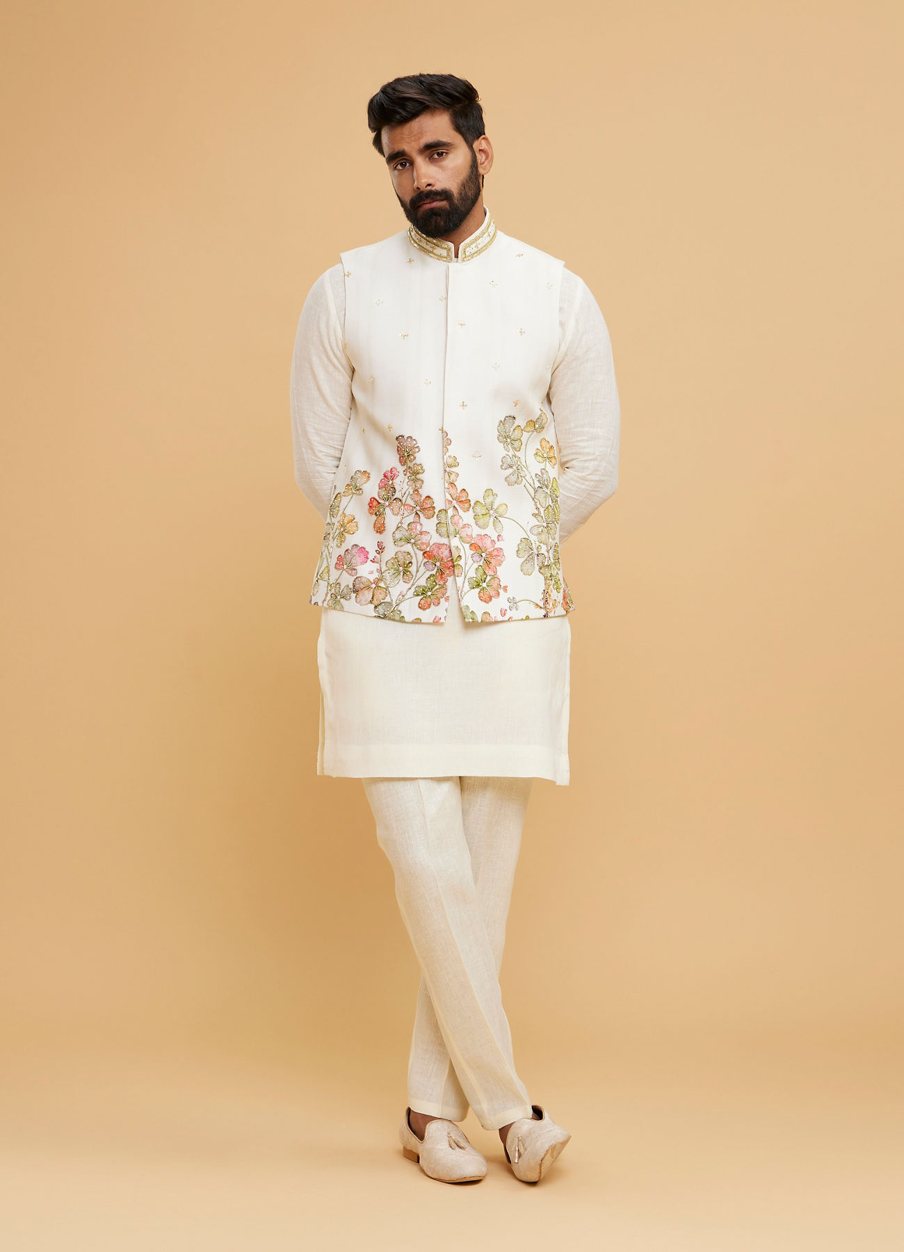 Twamev Men Cream Chanderi Floral Print Embroidered Jacket Set