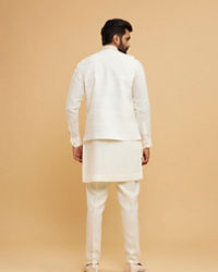 Twamev Men Cream Chanderi Floral Print Embroidered Jacket Set