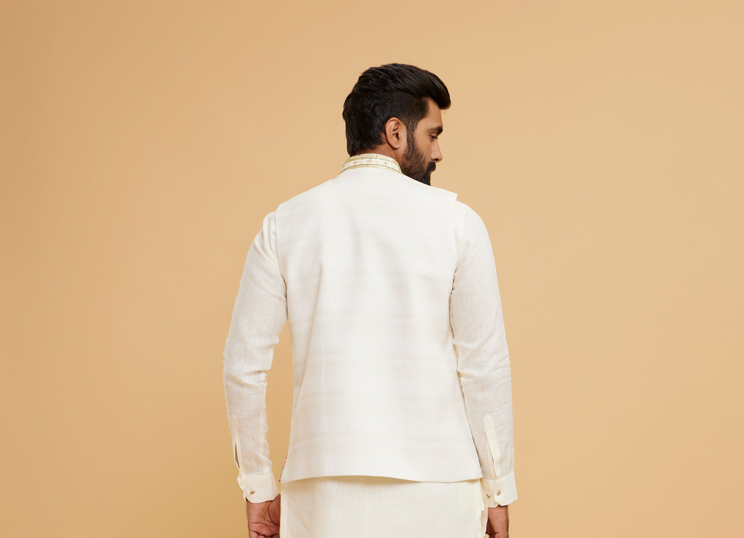 Twamev Men Cream Chanderi Floral Print Embroidered Jacket Set