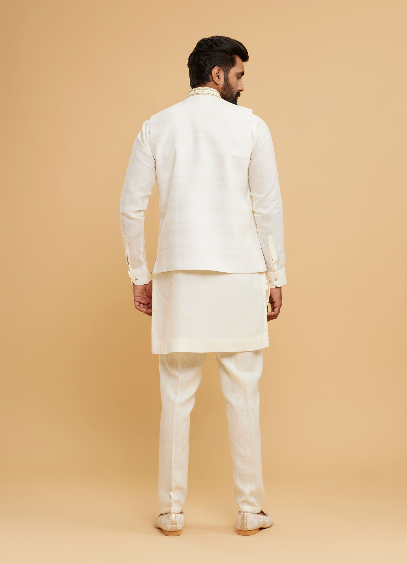 Twamev Men Cream Chanderi Floral Print Embroidered Jacket Set