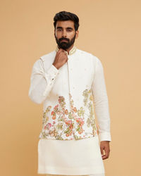Twamev Men Cream Chanderi Floral Print Embroidered Jacket Set