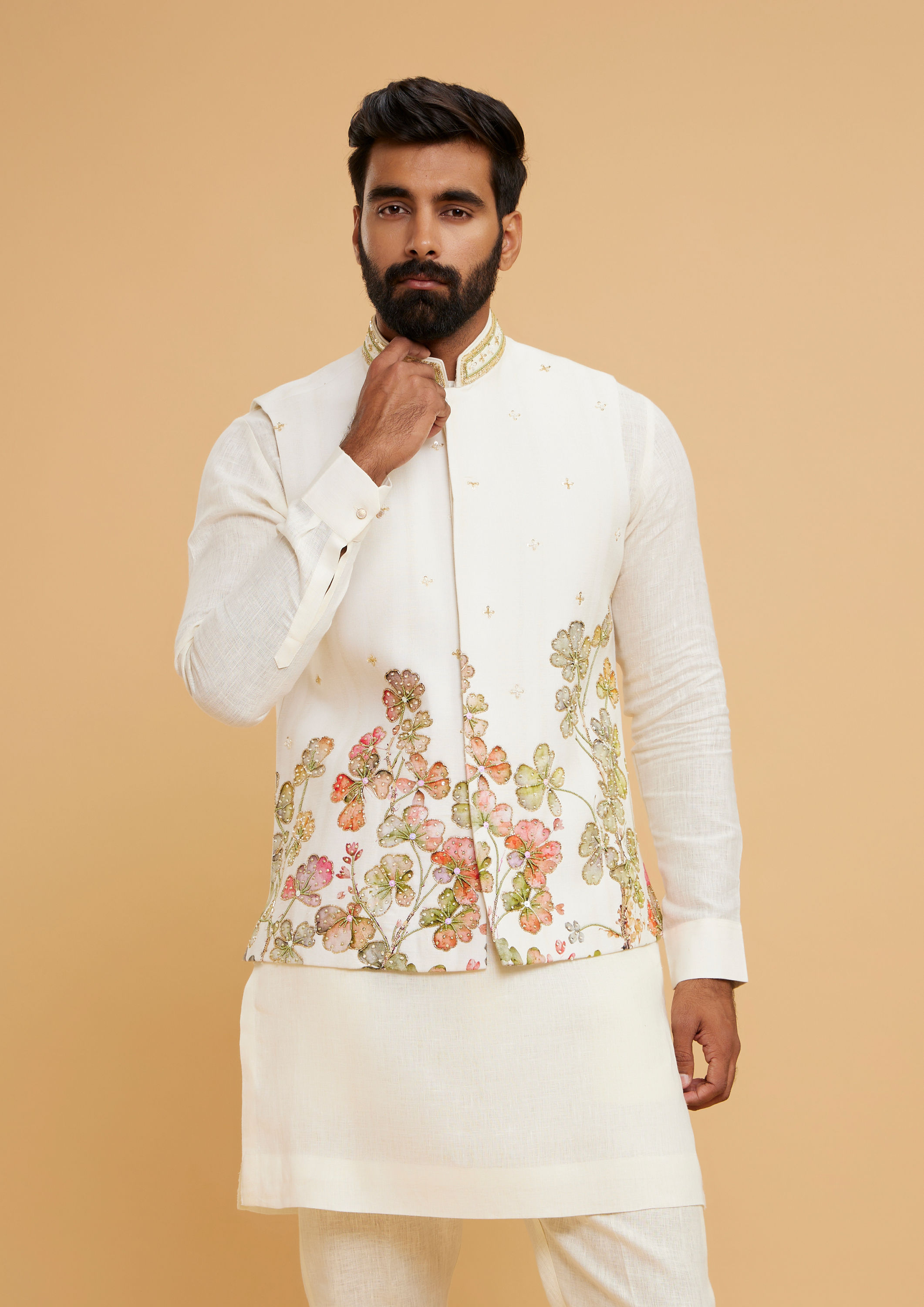 Twamev Men Cream Elegance Kurta Jacket Set