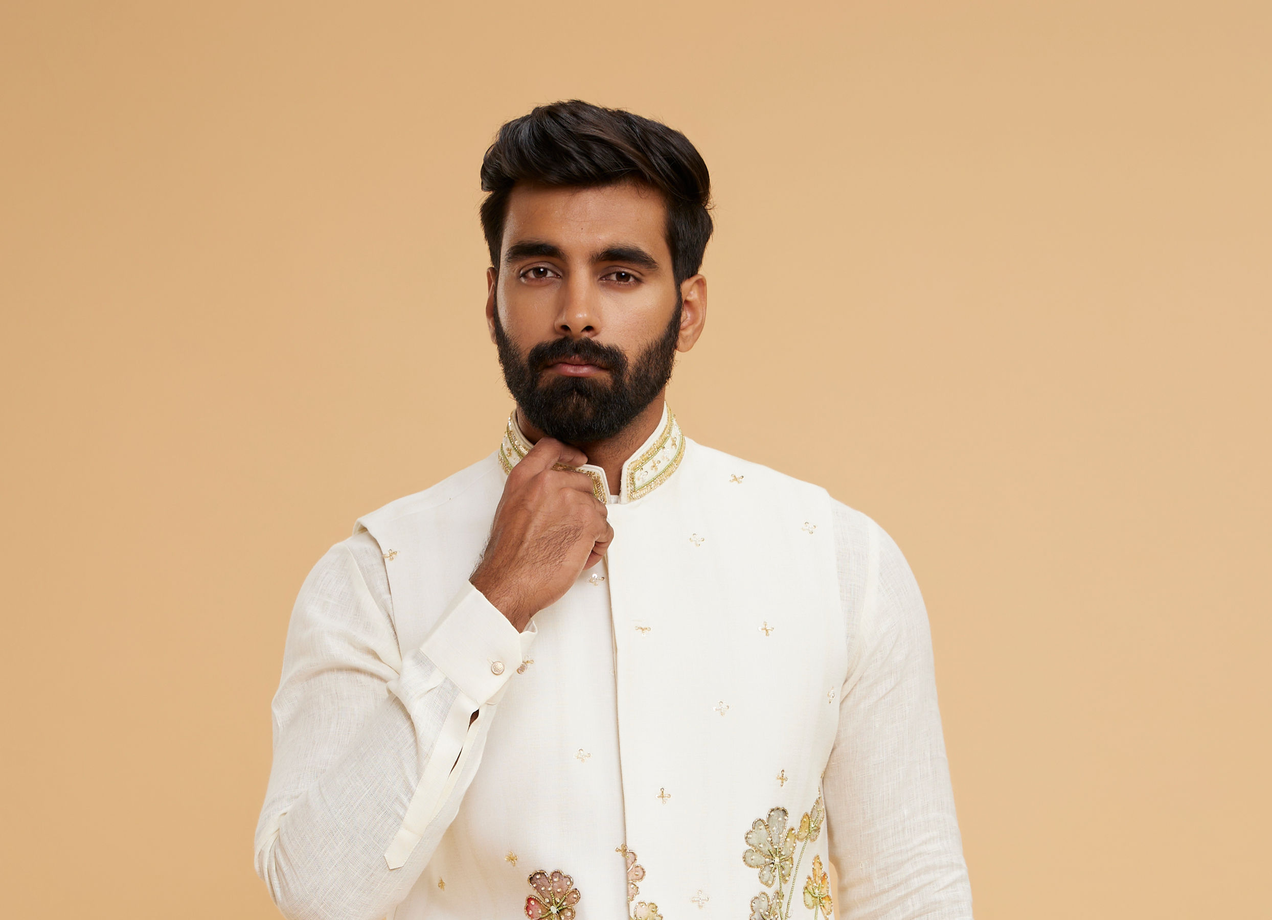 Twamev Men Cream Chanderi Floral Print Embroidered Jacket Set