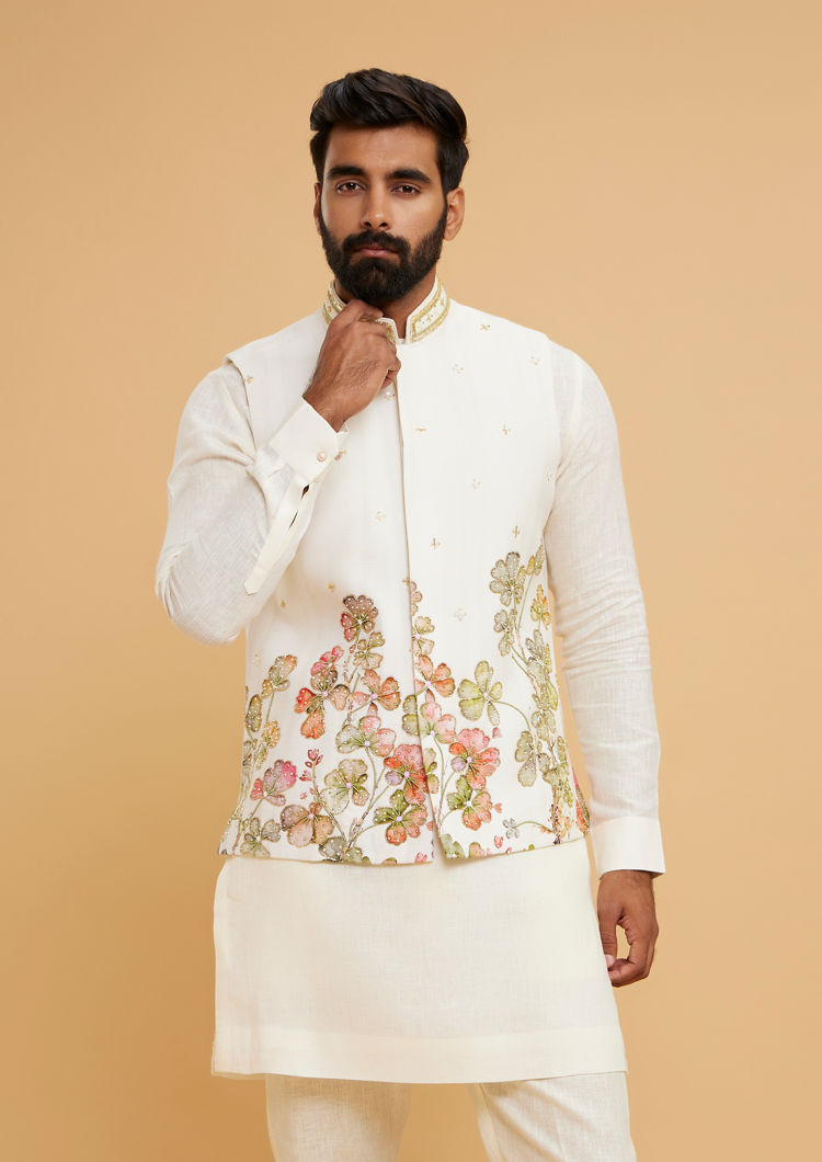 Twamev Men Cream Elegance Kurta Jacket Set