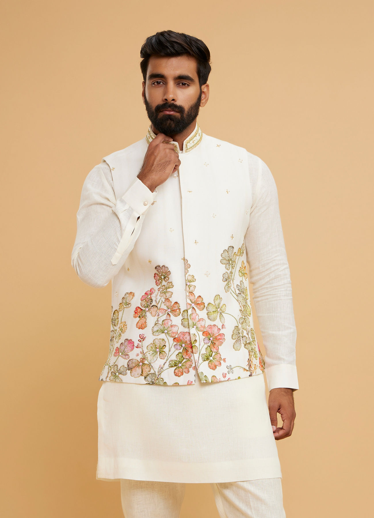 Twamev Men Cream Chanderi Floral Print Embroidered Jacket Set