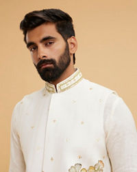 Twamev Men Cream Chanderi Floral Print Embroidered Jacket Set