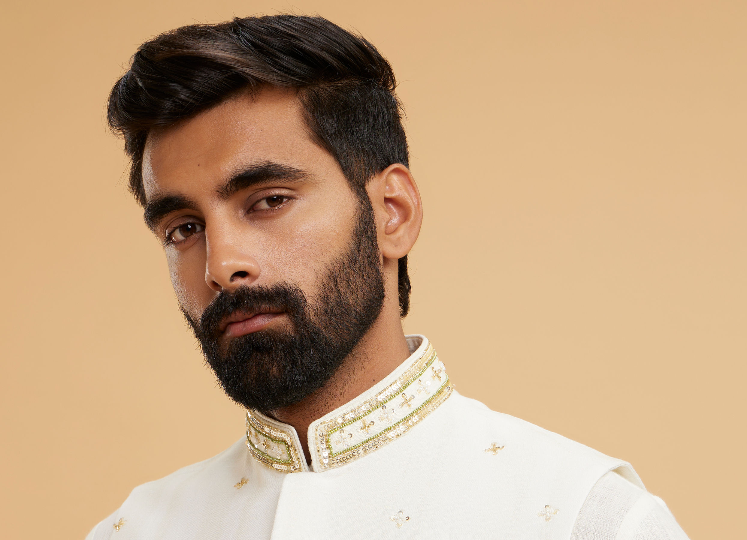 Twamev Men Cream Chanderi Floral Print Embroidered Jacket Set