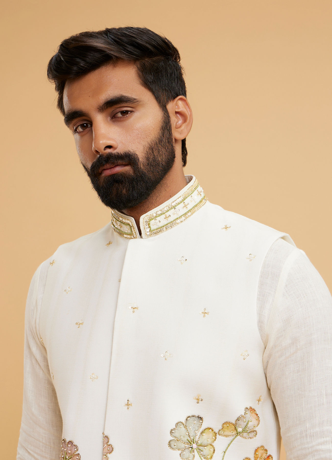 Twamev Men Cream Chanderi Floral Print Embroidered Jacket Set