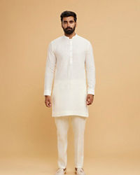 Twamev Men Cream Chanderi Floral Print Embroidered Jacket Set