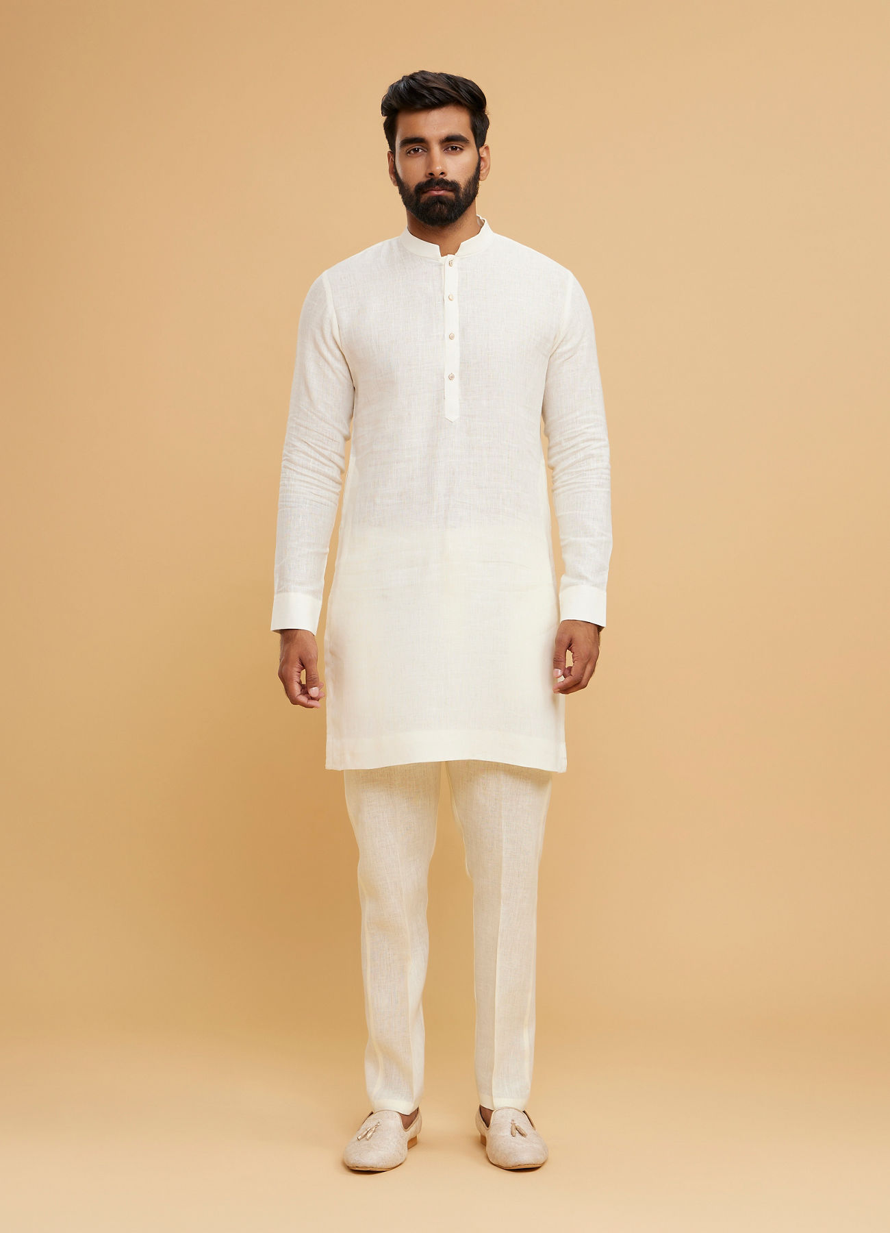 Twamev Men Cream Chanderi Floral Print Embroidered Jacket Set