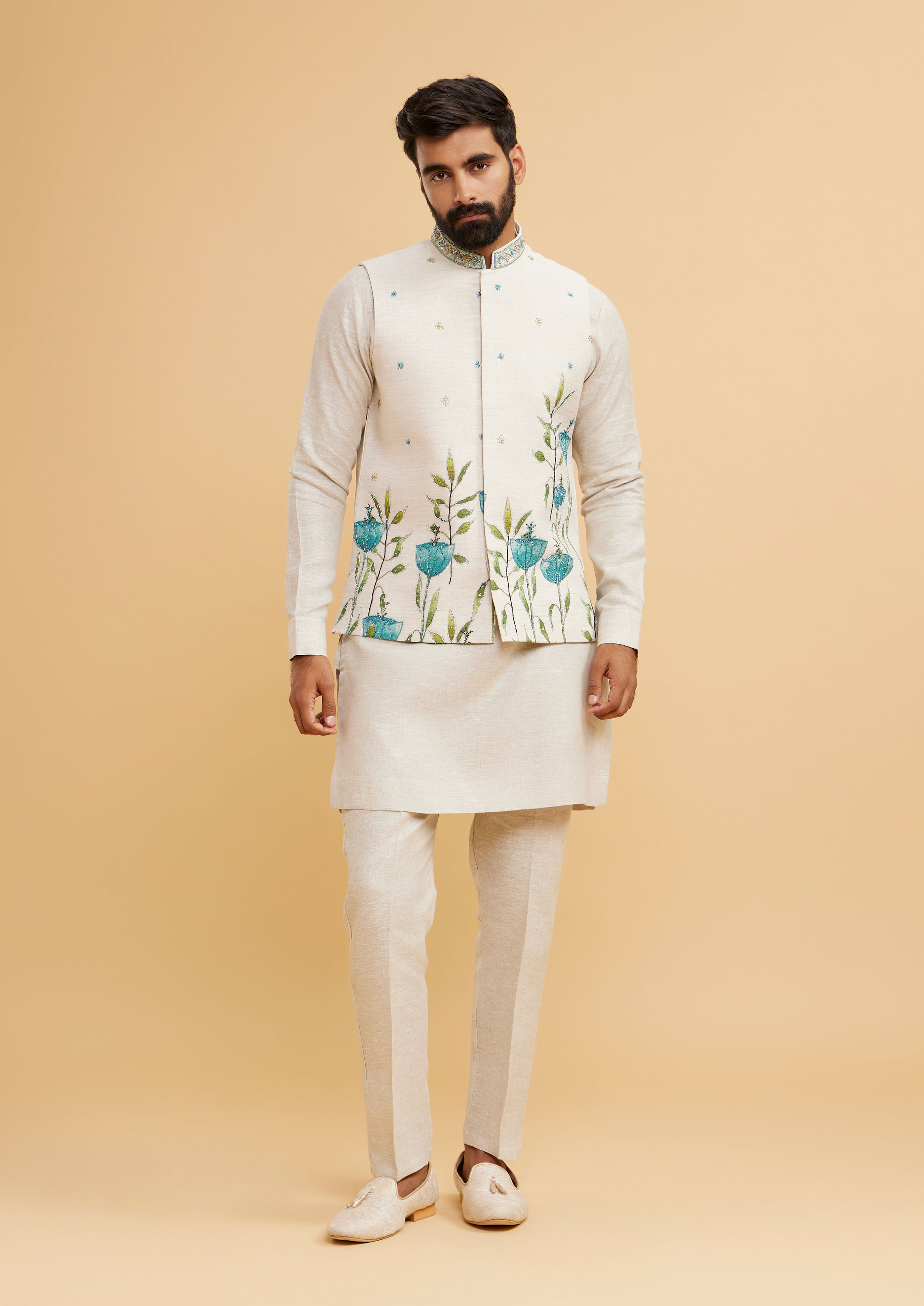 Twamev Men Majestic Beige Kurta Jacket Set