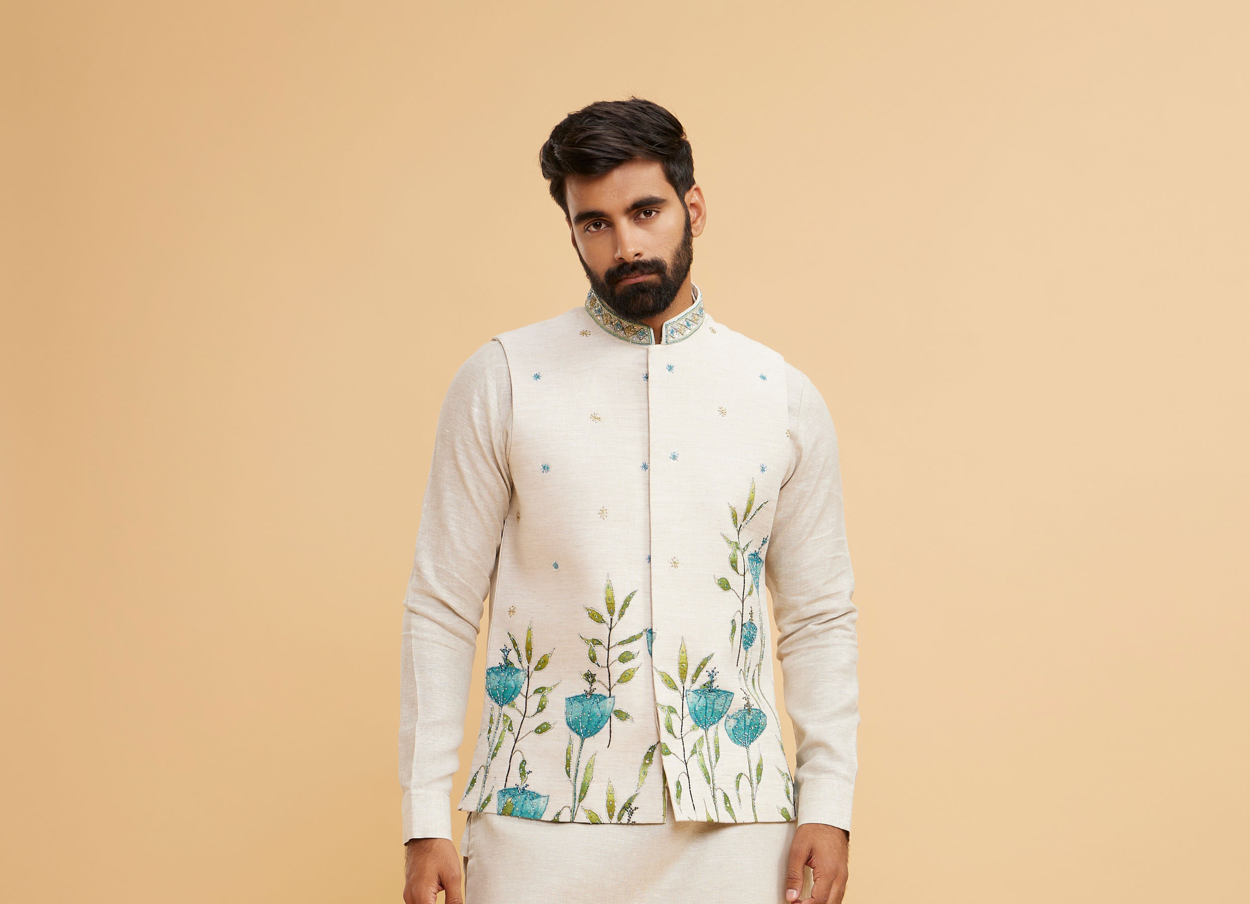 Twamev Men Majestic Beige Kurta Jacket Set