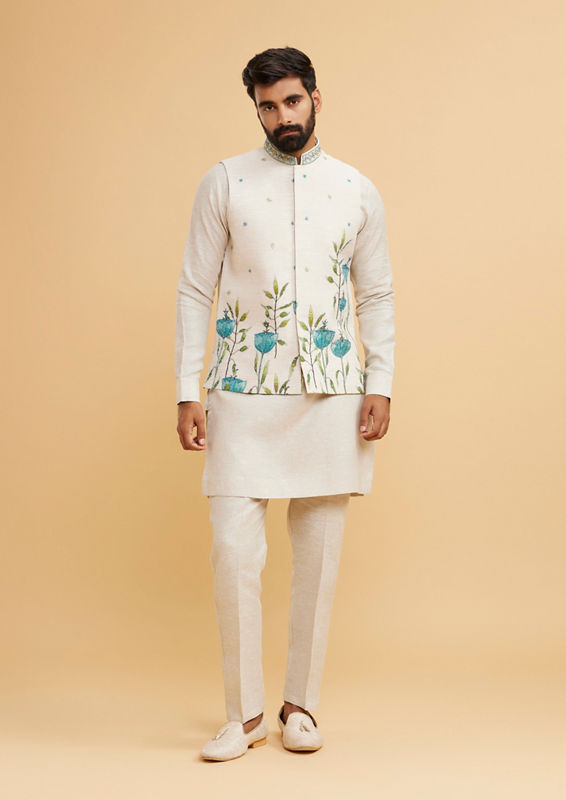 Twamev Men Majestic Beige Kurta Jacket Set