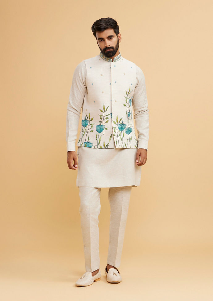 Twamev Men Majestic Beige Kurta Jacket Set