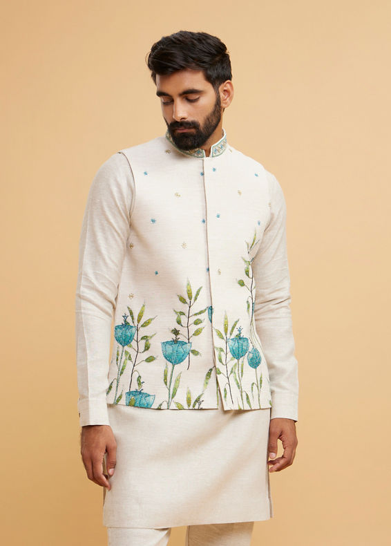 Twamev Men Natural Linen Botanical Block Printed Embellished Jacket Set