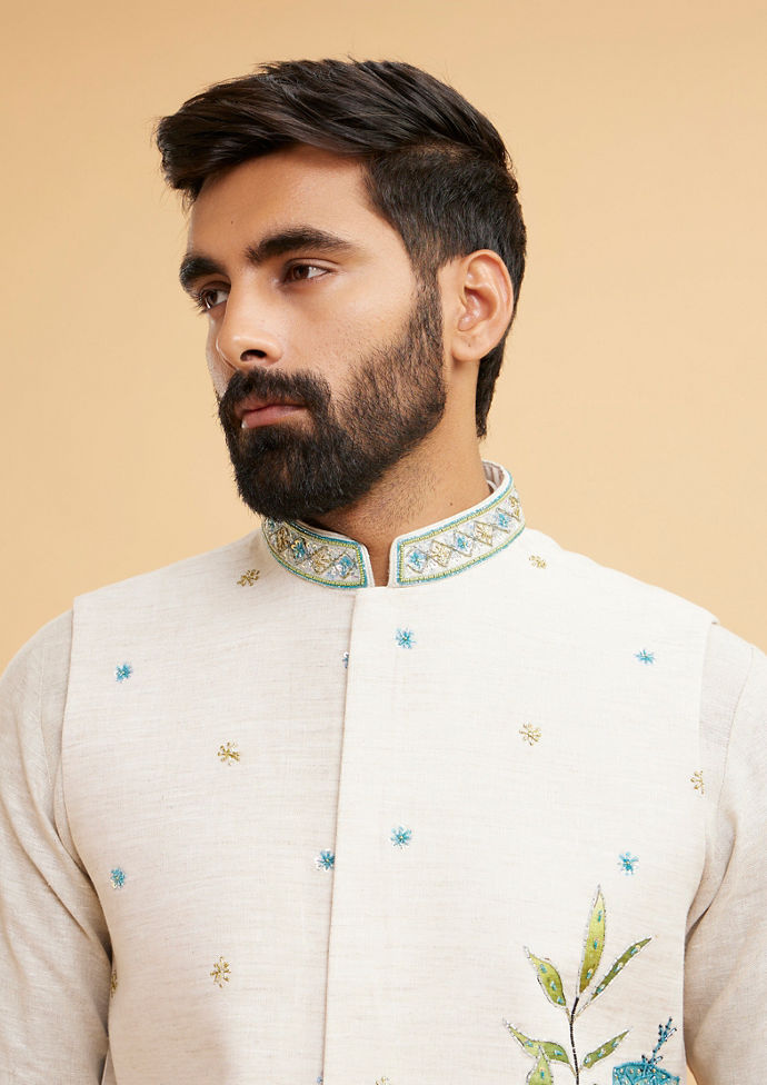 Twamev Men Majestic Beige Kurta Jacket Set