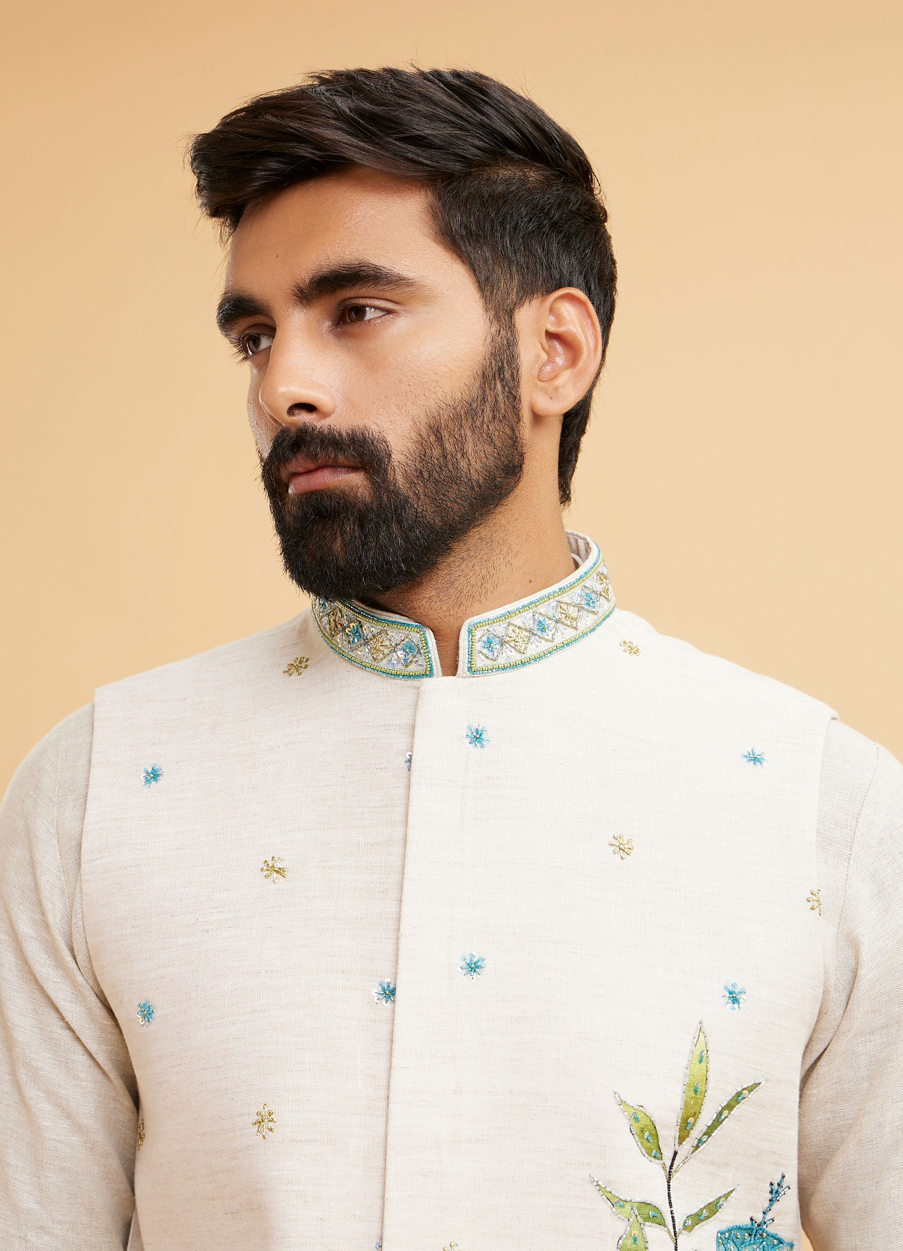 Twamev Men Majestic Beige Kurta Jacket Set