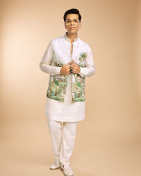 Twamev Men Mint Green Linen Scenic Tropical Printed Embellished Jacket Set