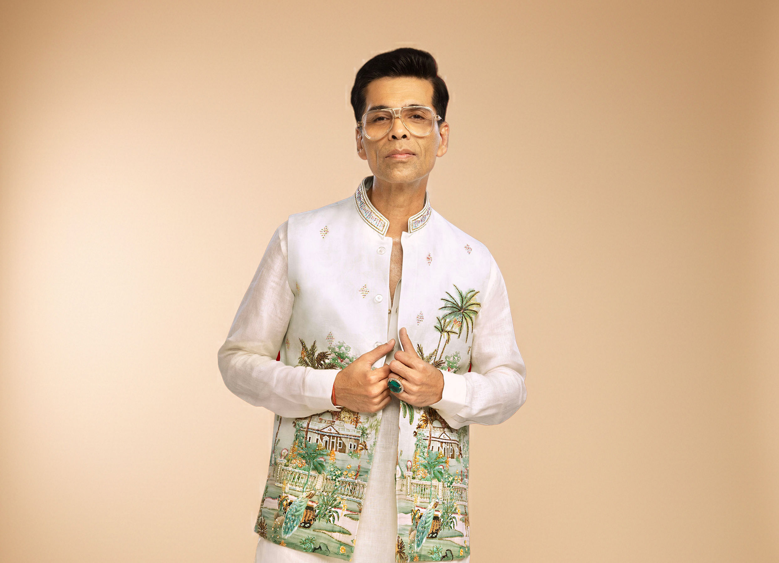 Twamev Men Mint Green Linen Scenic Tropical Printed Embellished Jacket Set