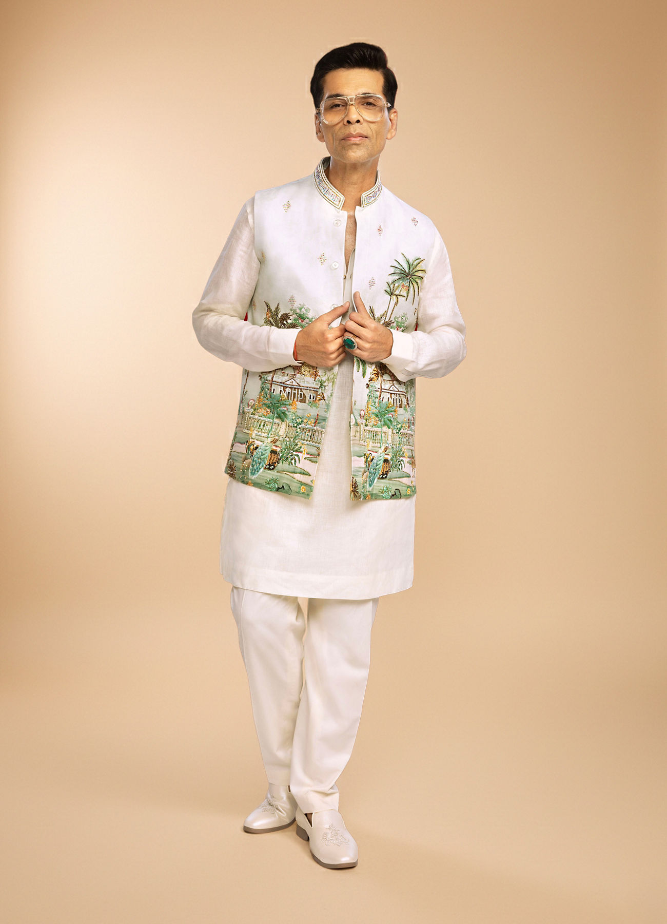Twamev Men Mint Green Linen Scenic Tropical Printed Embellished Jacket Set