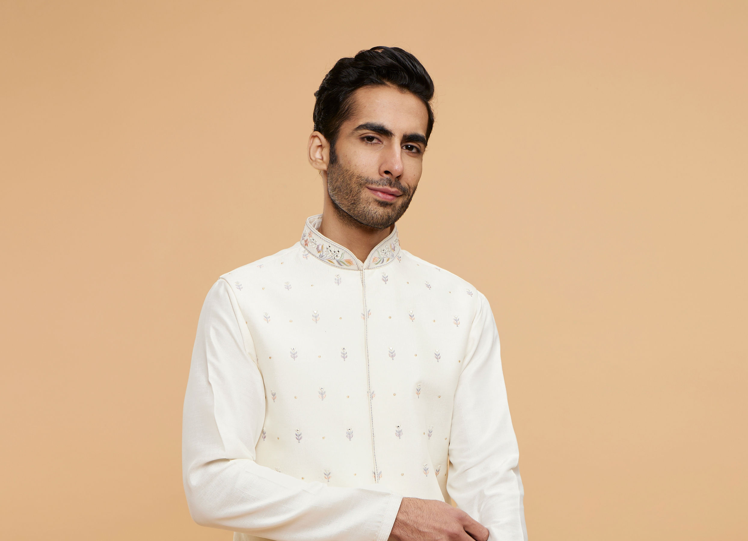 Twamev Men Warm White Kurta Jacket Set