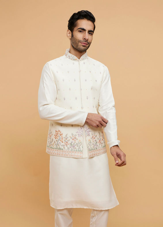 Twamev Men Warm White Kurta Jacket Set