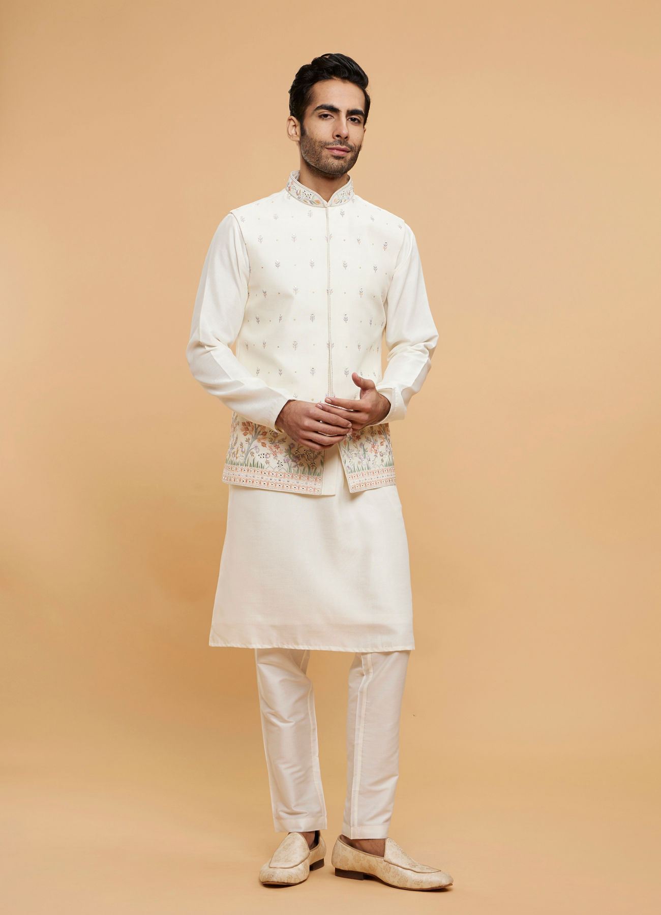 Twamev Men Warm White Kurta Jacket Set
