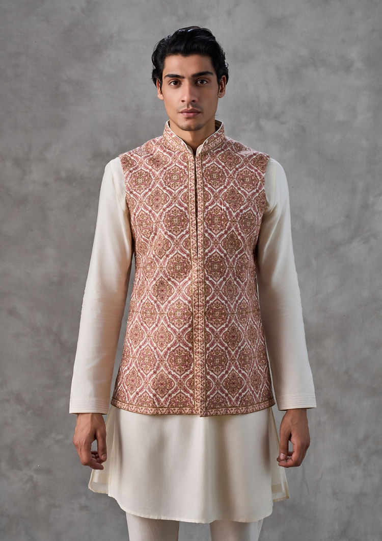 Twamev Men Elegant Cream-Pink Kurta Jacket Set