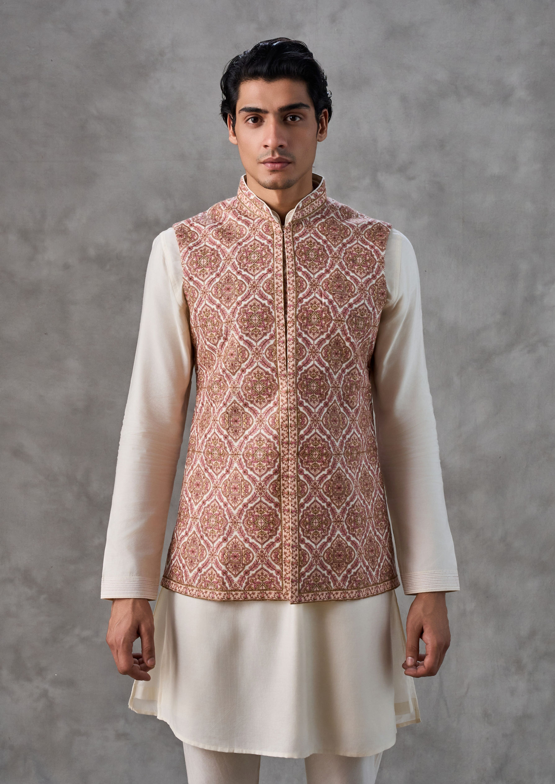 Twamev Men Elegant Cream-Pink Kurta Jacket Set