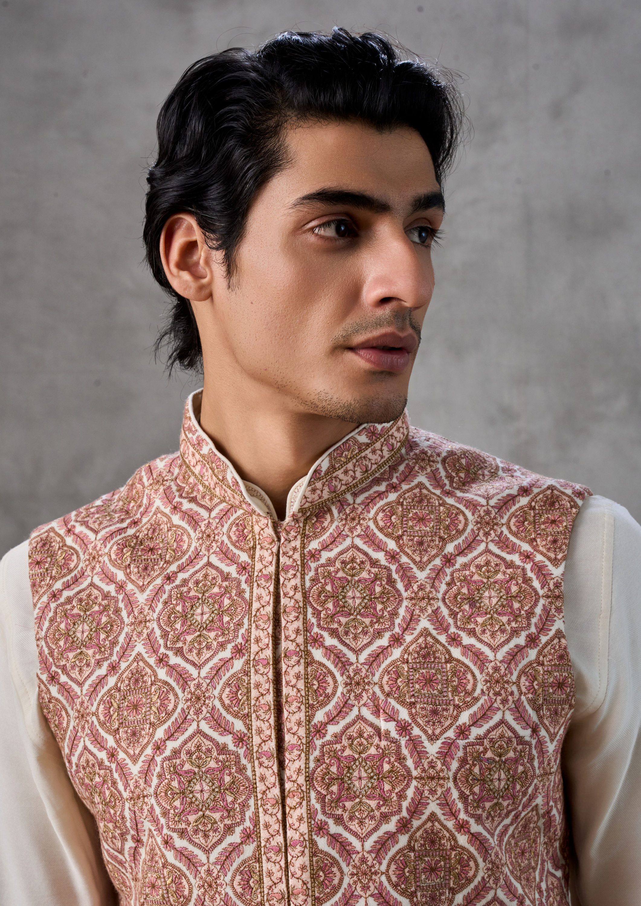 Twamev Men Elegant Cream-Pink Kurta Jacket Set