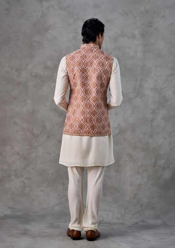 Twamev Men Elegant Cream-Pink Kurta Jacket Set