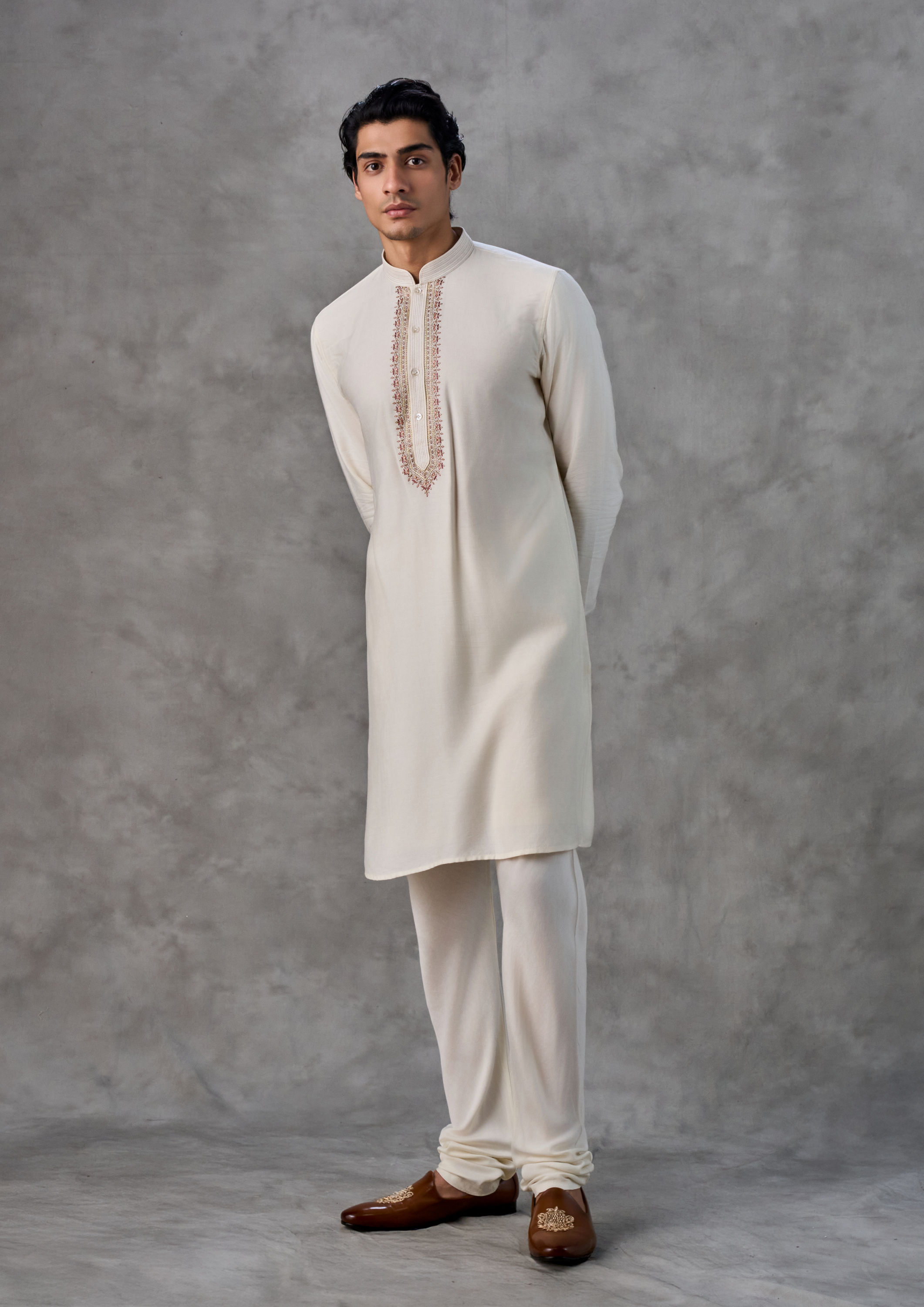 Twamev Men Elegant Cream-Pink Kurta Jacket Set