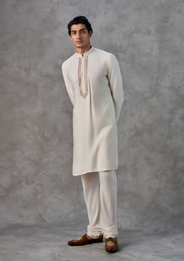 Twamev Men Elegant Cream-Pink Kurta Jacket Set