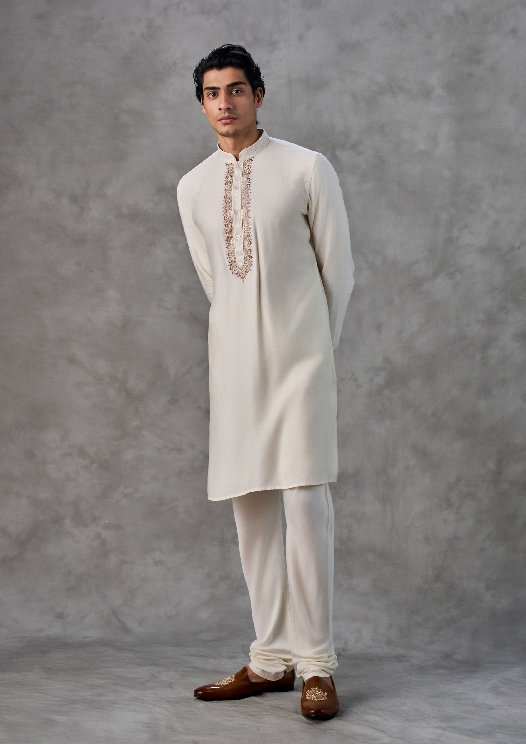 Twamev Men Elegant Cream-Pink Kurta Jacket Set
