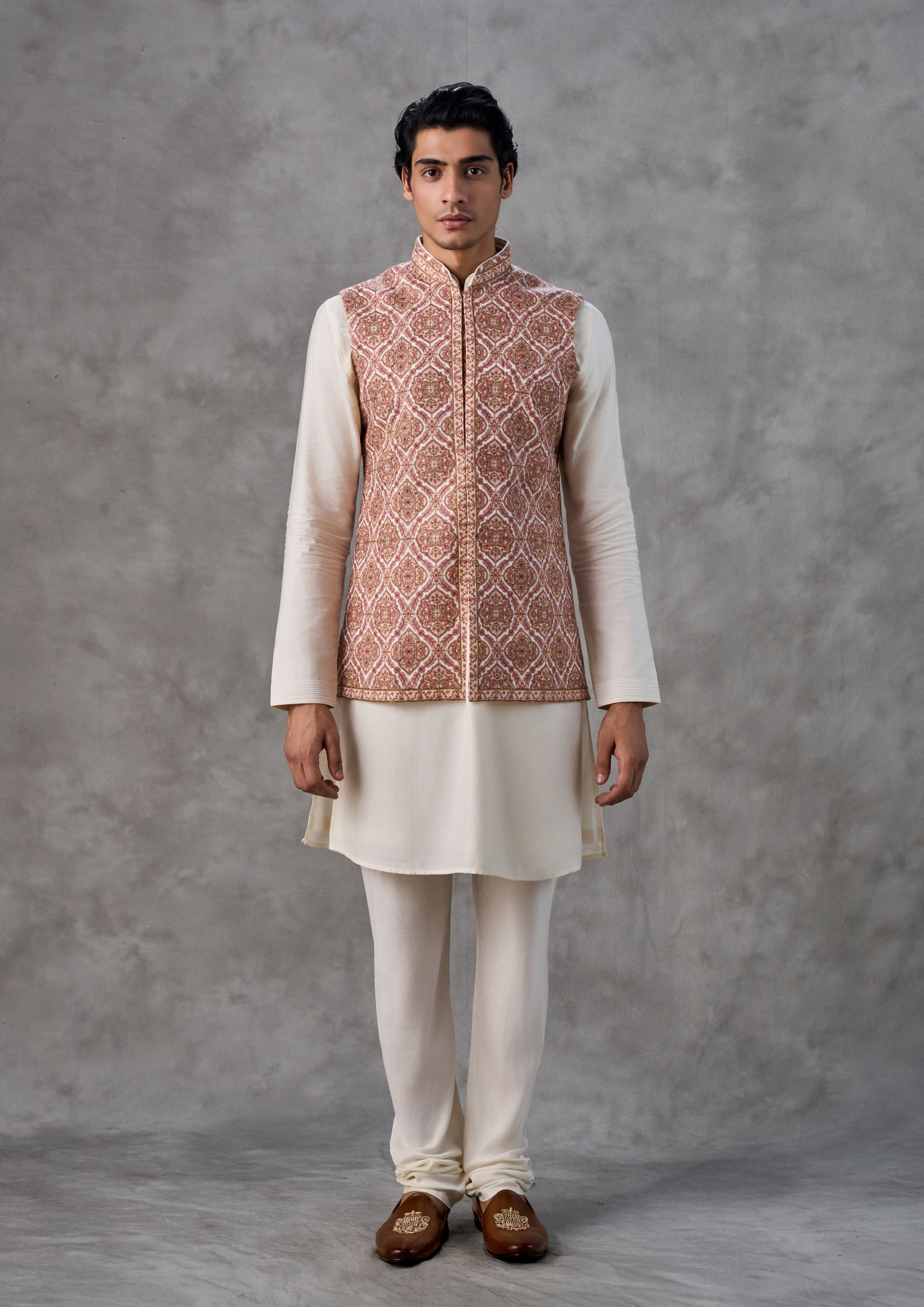 Twamev Men Elegant Cream-Pink Kurta Jacket Set