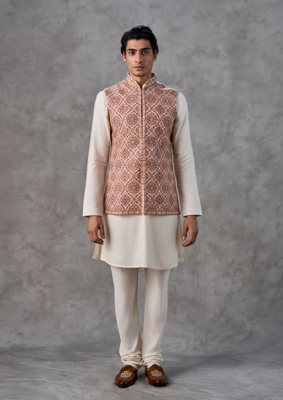 Twamev Men Elegant Cream-Pink Kurta Jacket Set