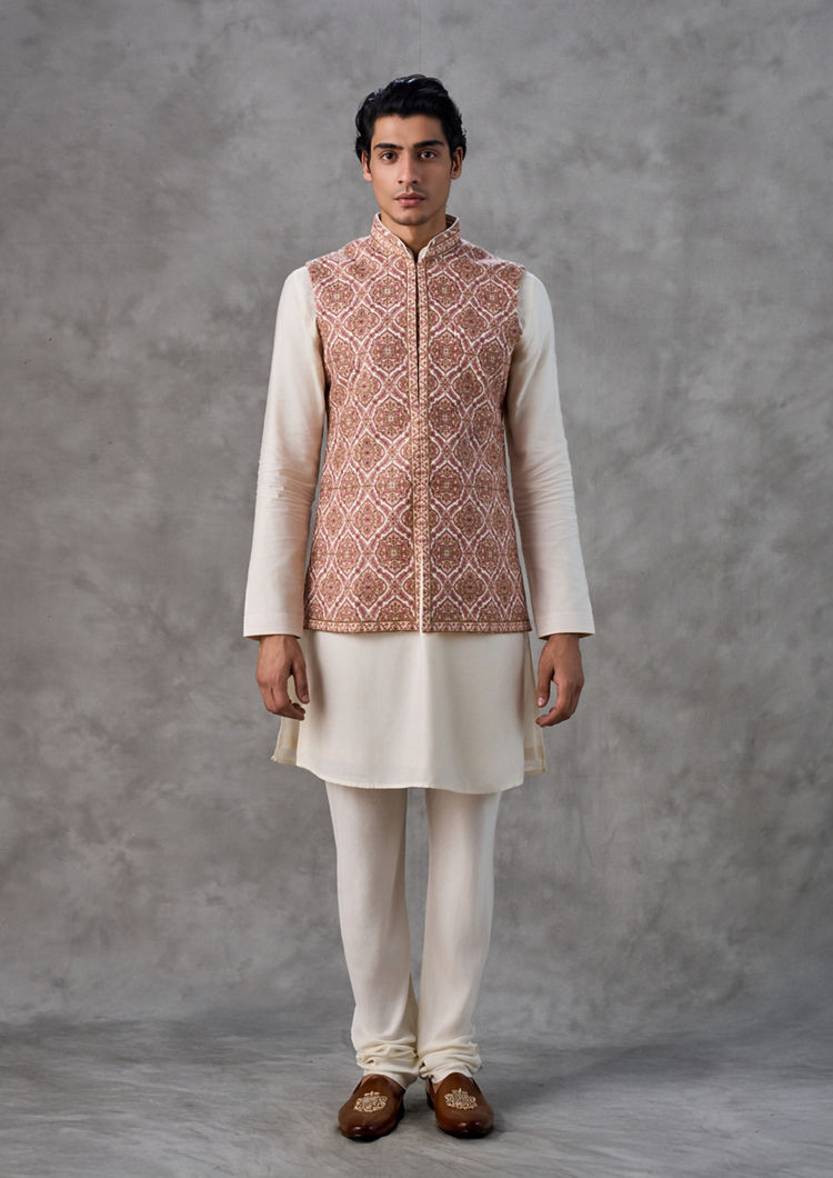 Twamev Men Elegant Cream-Pink Kurta Jacket Set