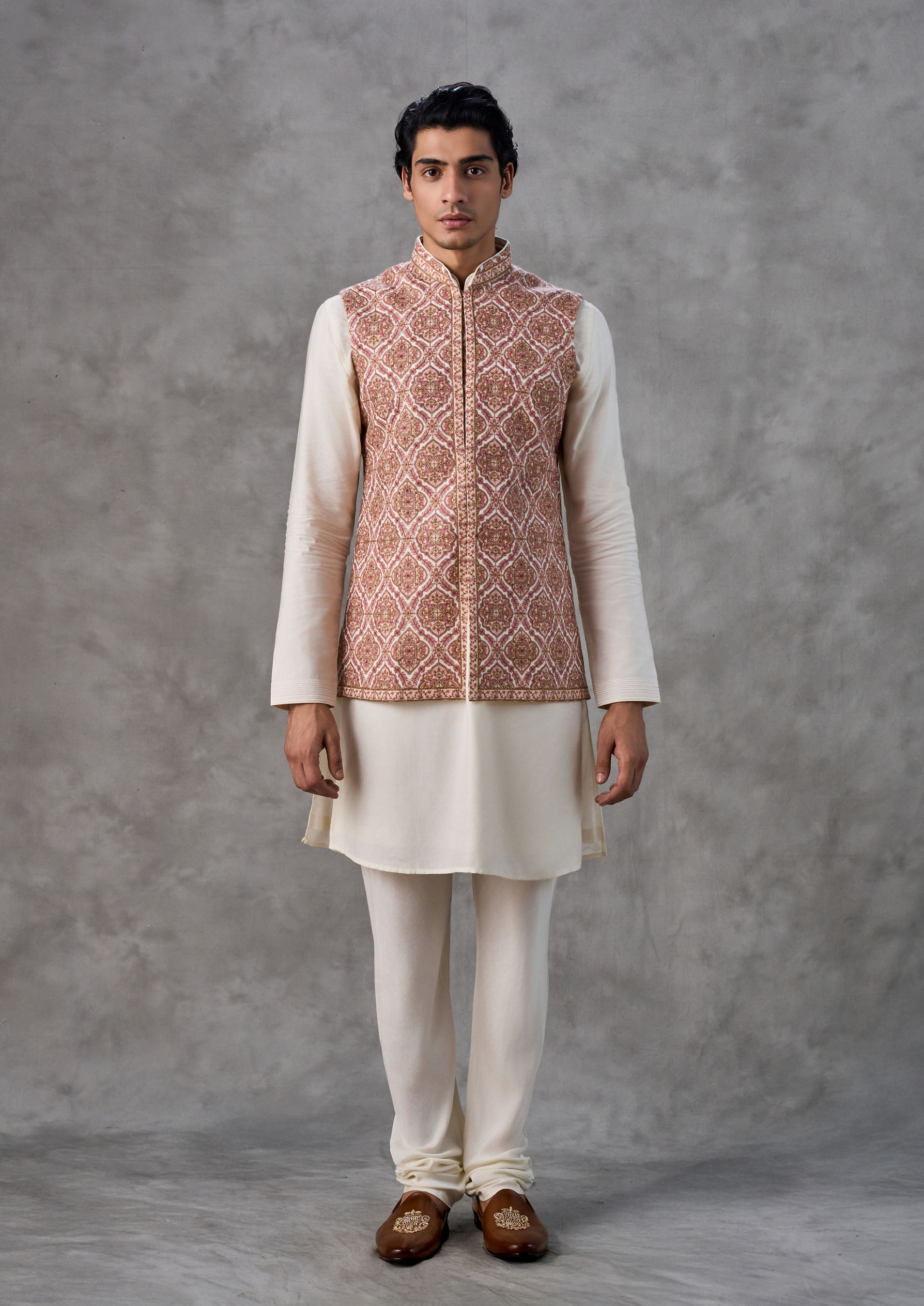 Twamev Men Elegant Cream-Pink Kurta Jacket Set