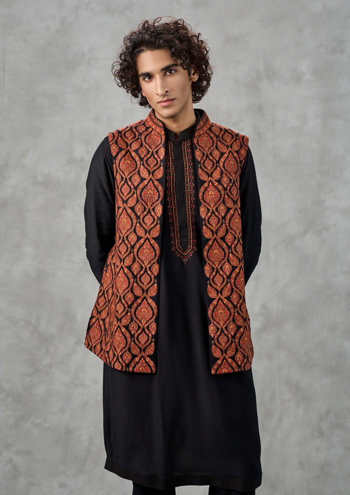 Twamev Men Black Elegance Kurta Jacket Set