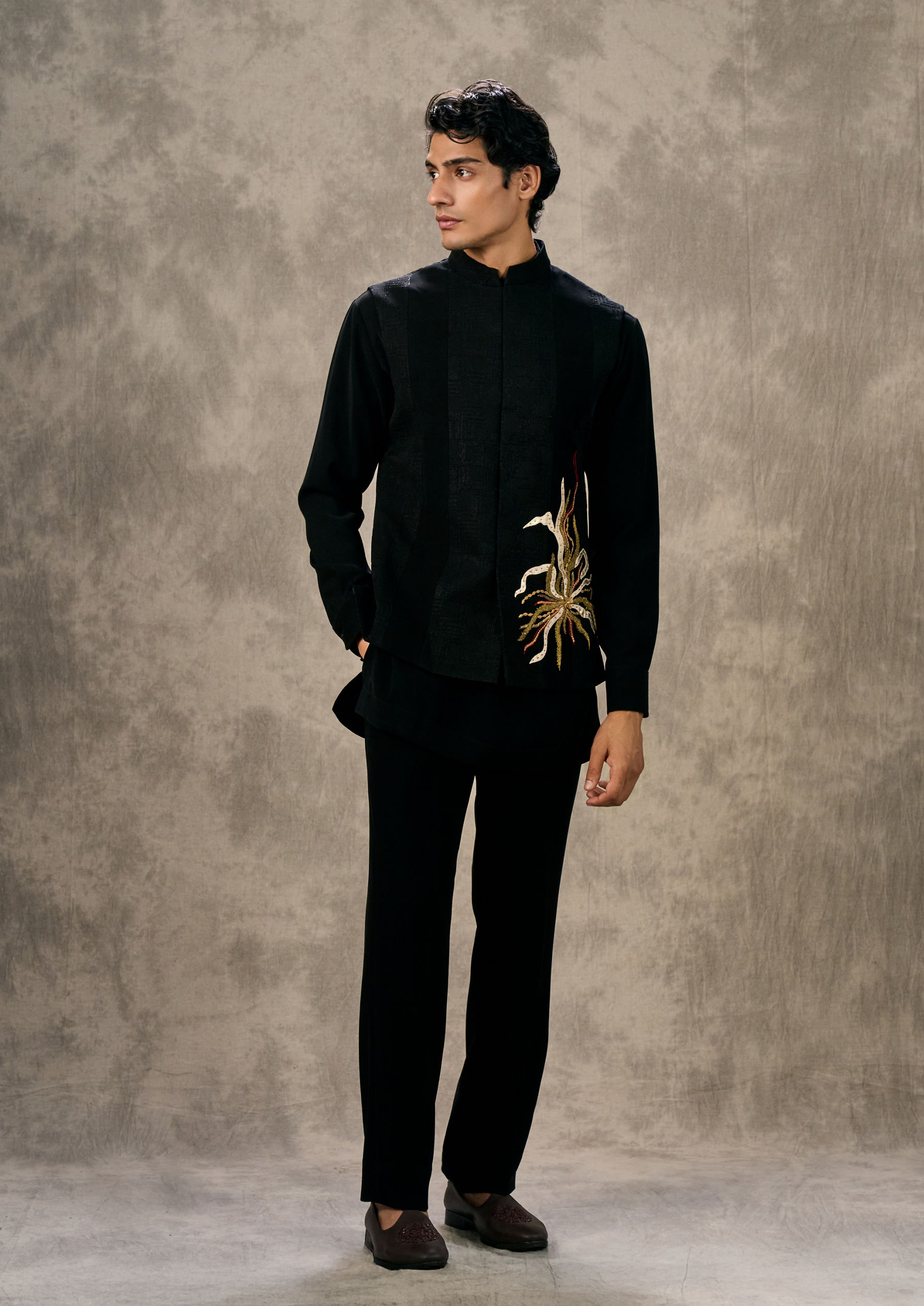 Twamev Men Black Kurta Jacket Set